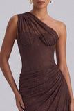 One Shoulder Sheer Brown Ruched Floral Mermaid Long Formal Dress
