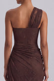 One Shoulder Sheer Brown Ruched Floral Mermaid Long Formal Dress