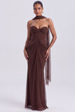 Strapless Ruched Corset Mermaid Brown Long Formal Dress with Neck Scarf