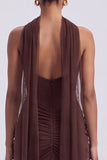 Strapless Ruched Corset Mermaid Brown Long Formal Dress with Neck Scarf