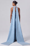 Strapless Rhinestones Light Blue Mermiad Long Formal Dress with Neck Scarf