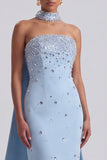 Strapless Rhinestones Light Blue Mermiad Long Formal Dress with Neck Scarf