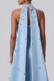 Strapless Rhinestones Light Blue Mermiad Long Formal Dress with Neck Scarf