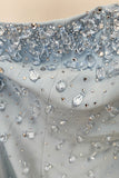 Strapless Rhinestones Light Blue Mermiad Long Formal Dress with Neck Scarf