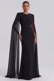 Sequins Mermaid Beaded Long Black Tie Dress with Cape Sleeves