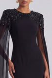 Sequins Mermaid Beaded Long Black Tie Dress with Cape Sleeves