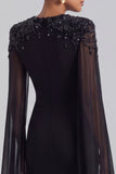 Sequins Mermaid Beaded Long Black Tie Dress with Cape Sleeves