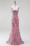 Mermaid Floral Pink Sparkly V-Neck Maxi Prom Dress