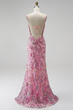 Mermaid Floral Pink Sparkly V-Neck Maxi Prom Dress