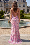 Mermaid Floral Pink Sparkly V-Neck Maxi Prom Dress