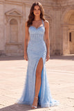 Halter Corset Light Blue Mermaid Sparkly Long Prom Dress with Slit