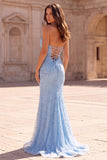 Halter Corset Light Blue Mermaid Sparkly Long Prom Dress with Slit