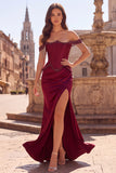 Off The Shoulder Corset Ruched Beaded Burgundy Mermaid Long Prom Dress with Slit