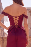 Off The Shoulder Corset Ruched Beaded Burgundy Mermaid Long Prom Dress with Slit