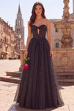 A-Line Black White Polka Dot Strapless Corset Long Prom Dress with Bow