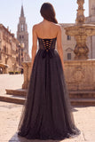 A-Line Black White Polka Dot Strapless Corset Long Prom Dress with Bow