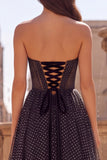 A-Line Black White Polka Dot Strapless Corset Long Prom Dress with Bow
