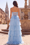 Strapless Tiered A Line Light Blue Long Prom Dress with Bow