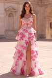 Corset Floral Beaded Fuchsia A-Line Tiered Strapless Long Prom Dress with Slit