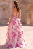 Corset Floral Beaded Fuchsia A-Line Tiered Strapless Long Prom Dress with Slit