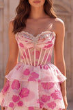 Corset Floral Beaded Fuchsia A-Line Tiered Strapless Long Prom Dress with Slit
