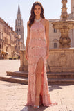 Halter Fringed Sequins Sheath Pink Long Prom Dress with Slit