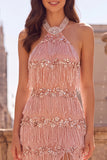Halter Fringed Sequins Sheath Pink Long Prom Dress with Slit