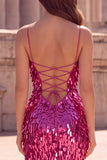Sparkly Mermaid Fuchsia Spaghetti Straps Long Prom Dress with Slit