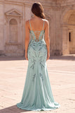 Mermaid Mint Ruched Sequins Spaghetti Straps Long Prom Dress with Slit