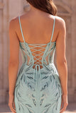 Mermaid Mint Ruched Sequins Spaghetti Straps Long Prom Dress with Slit