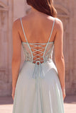 Corset Mint Strapless Mermaid Spaghetti Straps Long Prom Dress with Side Cape