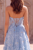 Strapless Appliqued Light Blue A-Line Long Prom Dress with Pearls