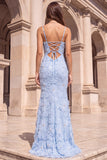 Mermaid Light Blue Beaded Floral Spaghetti Straps Long Prom Dress