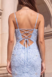 Mermaid Light Blue Beaded Floral Spaghetti Straps Long Prom Dress