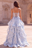 A Line Light Blue Floral Tiered Ruffled Spaghetti Straps Maxi Prom Dress