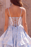 A Line Light Blue Floral Tiered Ruffled Spaghetti Straps Maxi Prom Dress