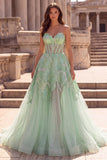 Strapless Corset A Line Sparkly Green Maxi Prom Dress
