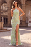 Halter Mermaid Sparkly Green Maxi Prom Dress With Slit