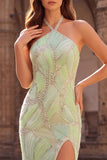 Halter Mermaid Sparkly Green Maxi Prom Dress With Slit