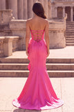 Strapless Fuchsia Mermaid Ruffled Maxi Prom Dress With 3D Flowers