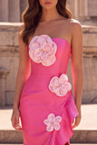 Strapless Fuchsia Mermaid Ruffled Maxi Prom Dress With 3D Flowers