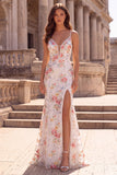 Mermaid Floral Sequins Spaghetti Straps White Maxi Prom Dress
