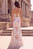 Mermaid Floral Sequins Spaghetti Straps White Maxi Prom Dress