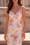 Pink Floral Mermaid Sequins V-Neck Maxi Prom Dress