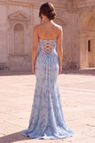 Strapless Mermaid Sparkly Light Blue Maxi Prom Dress