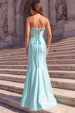 Corset Strapless Mermaid Mint Satin Maxi Prom Dress With Rhinestone