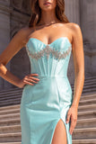 Corset Strapless Mermaid Mint Satin Maxi Prom Dress With Rhinestone