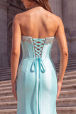 Corset Strapless Mermaid Mint Satin Maxi Prom Dress With Rhinestone