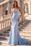 Mermaid Corset Floral Sequins Blue Spaghetti Straps Maxi Prom Dress