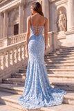 Mermaid Corset Floral Sequins Blue Spaghetti Straps Maxi Prom Dress